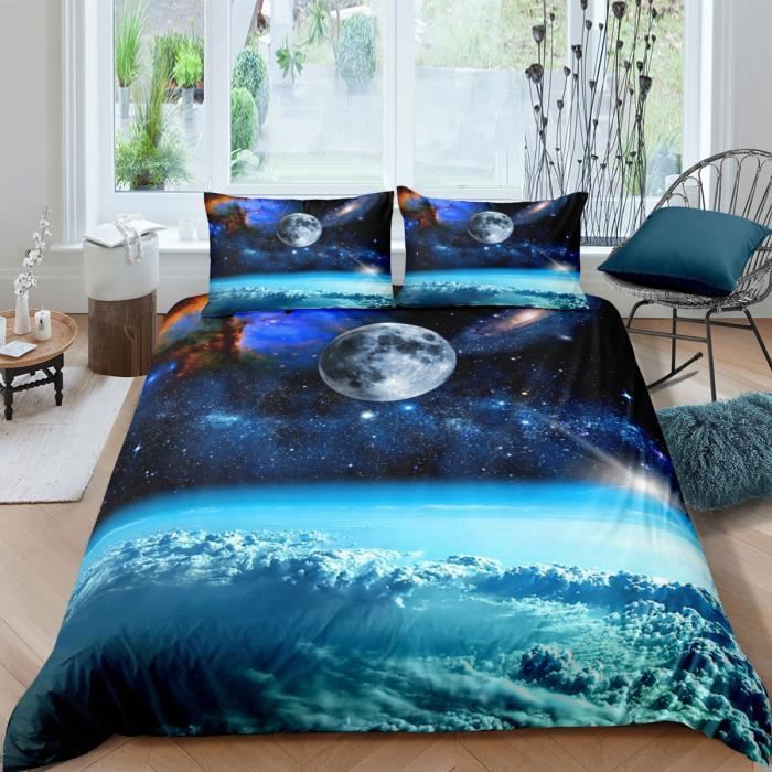 Parure De Lit 3 Pièces Imprimée Galaxie Planètes – Thème Spatial, Vue Terre Depuis La Lune – Housse De Couette + Taies D'oreiller