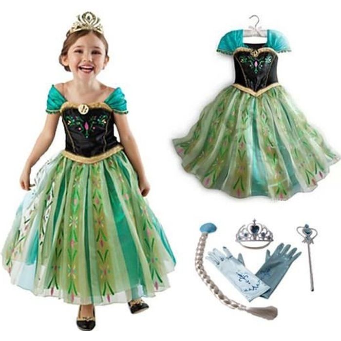 Déguisement Reine des Neiges - FINDPITAYA - Robe Anna avec Cape et 4  Accessoires - Vert - Taille 2 à 10 ans