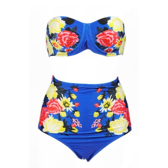 Maillot De Bain Sexy Taille Haute Bikini Col En V Pure Color Push Up Beach Gaomin™ - Rouge Rouge