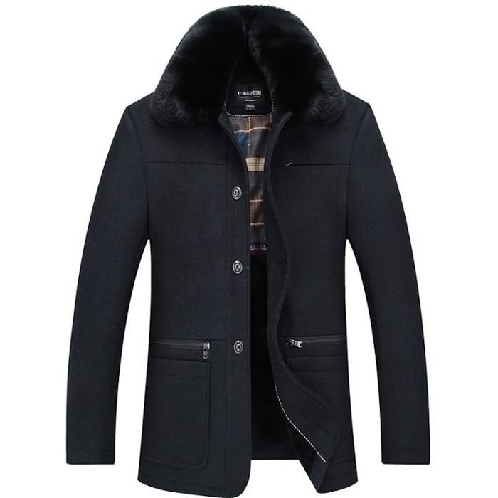 Manteau Homme Col Fourrure Classique Mode Pardessus Hiver Bleu marine Cdiscount Pret a Porter