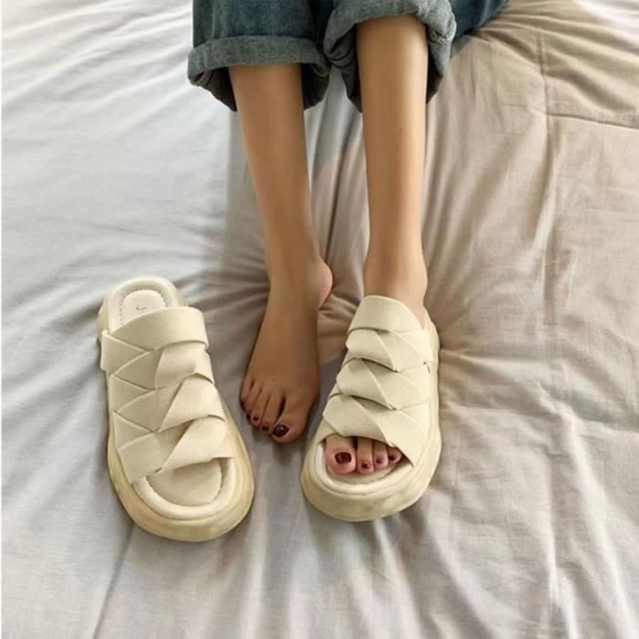 Sandales Femme Été Confortable Mules Confortables Été Chaussons Romain Pantoufles Semelle Sandals Compensées Faux Cuir Tongs Antidérapantes Bout
