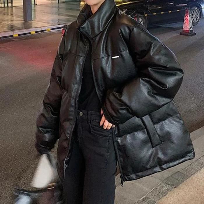 Femmes Puffer Parkas ??pais Hiver Faux Veste En Cuir Solide Lumineux Automne L?�che Manteaux Femme 