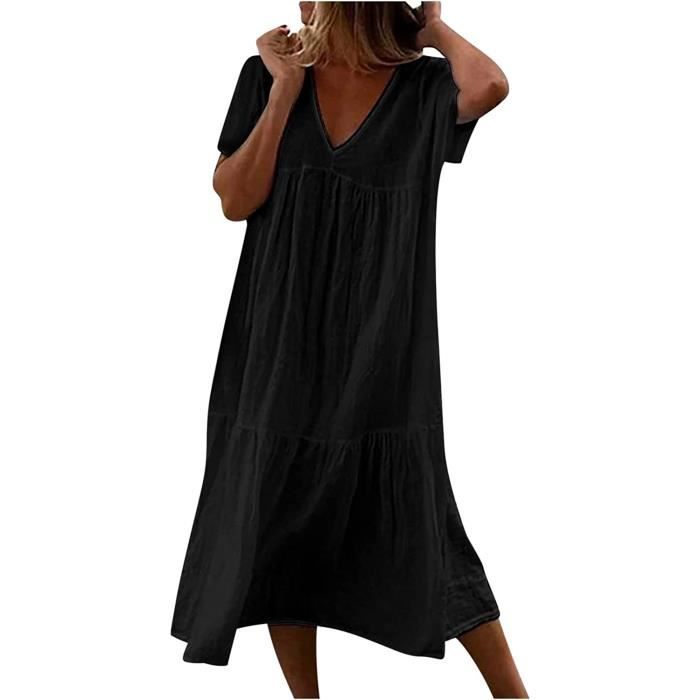Longue Robe Cotton en Line Blanche Col en V Ete Pas Cher Grande Taille Robe Retro Maxi Robe Lache Couleur Unie Boheme Ete Noir Noir Cdiscount Pret a Porter