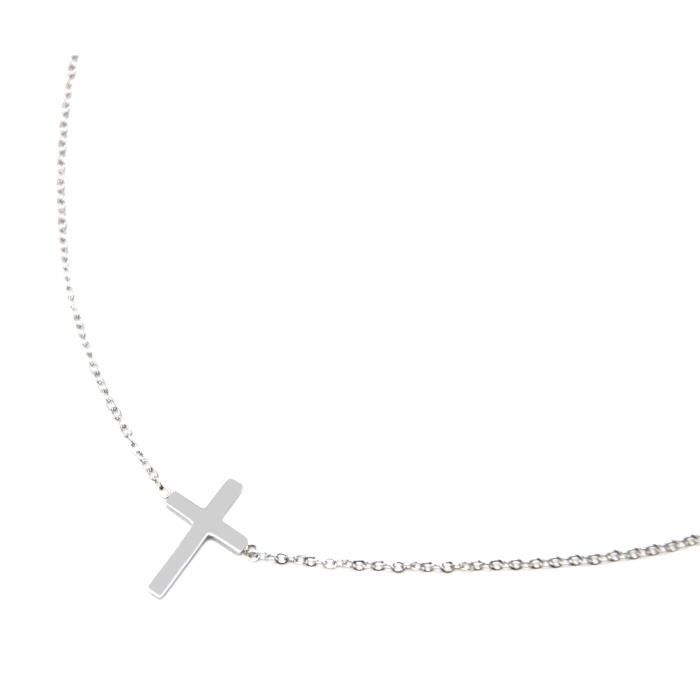 cc2403d - collier fine chaîne avec pendentif croix acier argenté
