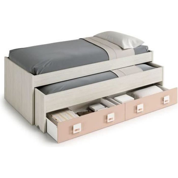 Lit Gigogne double coloris blanc alpes - rose - 69 x 199 x 96 cm Lit Gigogne double coloris blanc alpes - rose - 69 x 199 x 96 cm