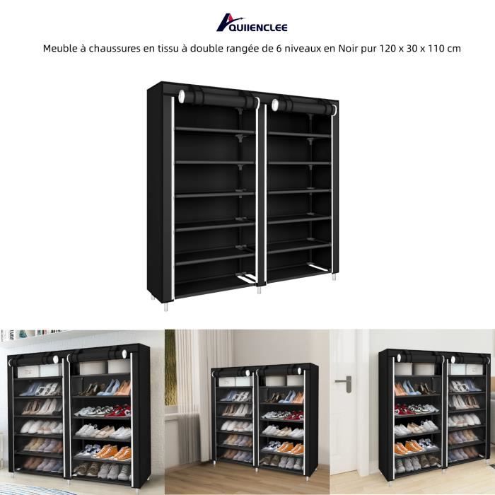 QUIIENCLEE Meuble à chaussures en tissu à double rangée de 6 niveaux en Noir pur 120 x 30 x 110 cm