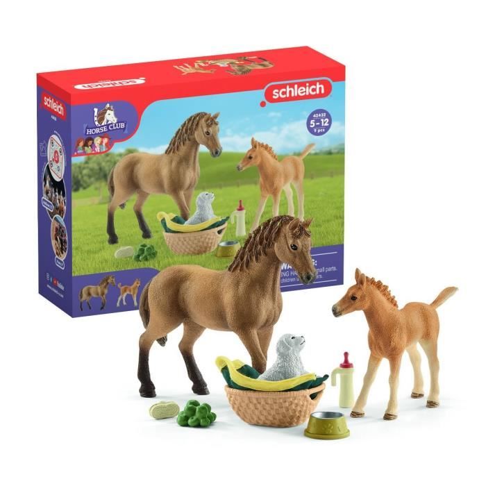 assortiment figurine cheval avec poulain et chiot - animaux de la ferme et accessoires - coffret pour garçons et filles - cadeau pour enfants de 5 ans et + - schleich 42432  horse club