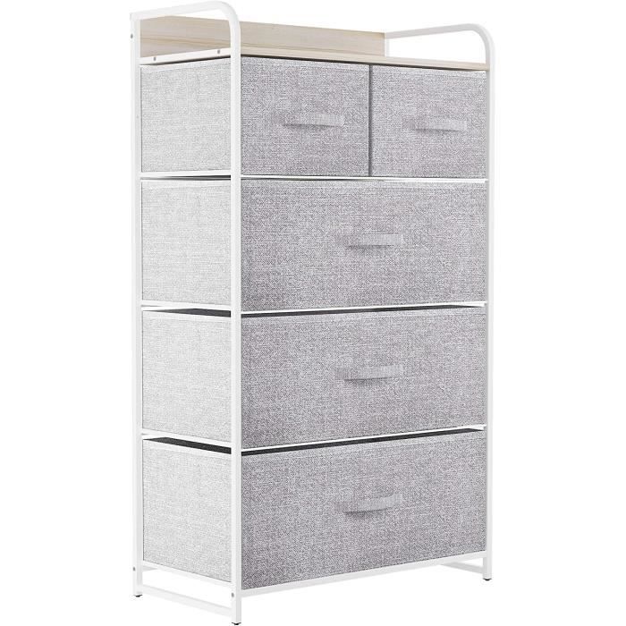 Commode 5 Tiroirs En Tissu Et Métal - 58x29x100 Cm - Rangement Chambre, Salon - Gris Clair, Montage Facile