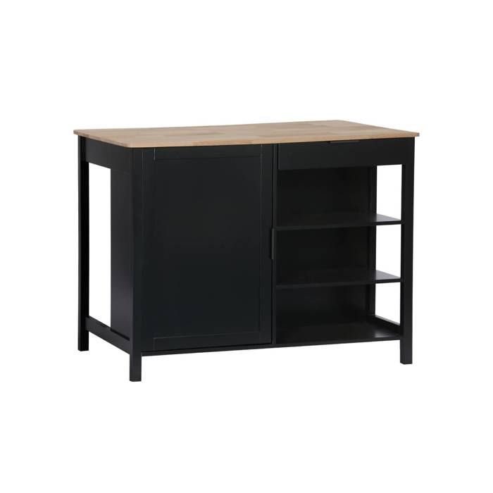 Îlot central de cuisine MOLENE. plateau en bois dhévéa. 120x75cm. noir. 5 étagères. 1 porte. 1 tiroir. L 120 x P 75 x H 90cm