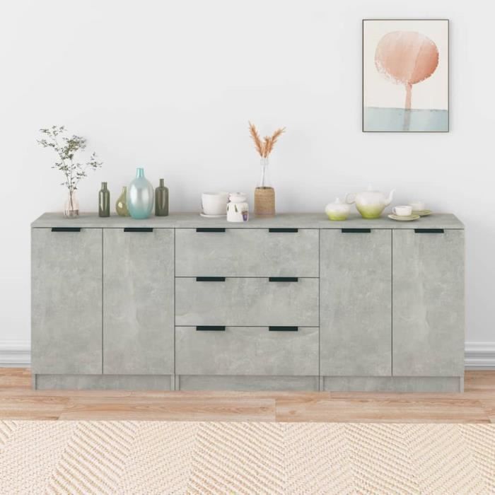 3115783 vidaXL Buffets 3 pcs Gris béton Bois dingénierie