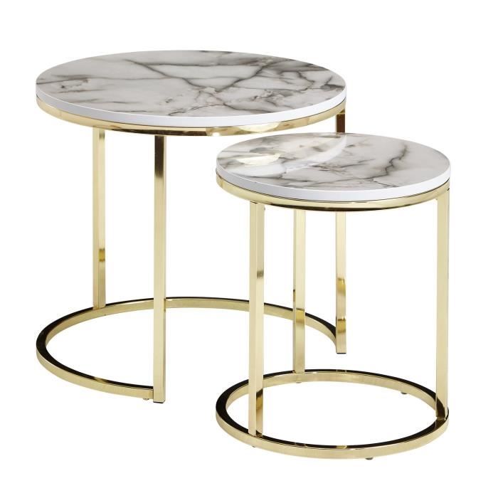 wohnling table d'appoint lot de 2 table basse table de salon aspect marbre blanc rond