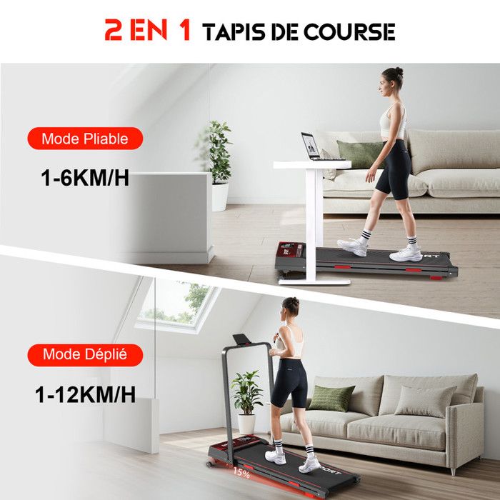 Tapis De Course Pliable 6 En 1 – Vitesse 12km/h, Pente Réglable 1-6-12%, Moteur 2.5HP – Pour Maison