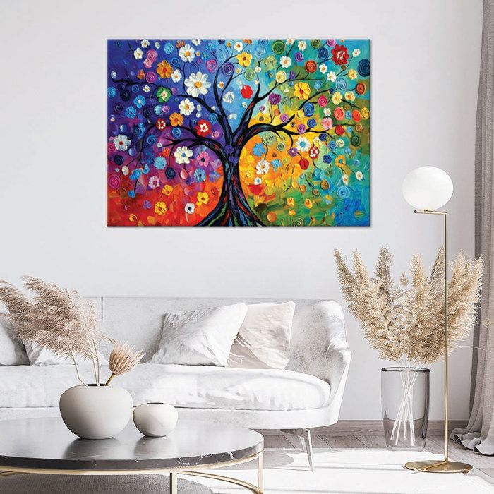 Tableau Décoratif Grand Format 100x50 Cm - Arbre De Vie Coloré Abstrait - Toile Imprimée Sur Châssis 2 Cm - Prêt à Accrocher