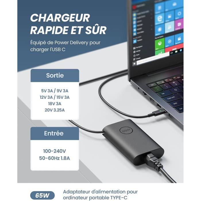 Chargeur USB-C 65W Compatible Dell Latitude & XPS – Adaptateur Secteur Rapide Et Fiable Pour Ordinateur Portable