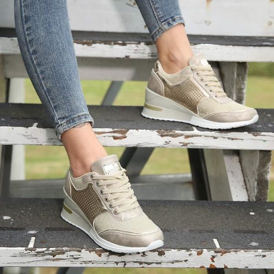 Baskets montantes à talon compensé pour femmes - chaussures cachées à  lacets pour chaussures - baskets Z8HLW Taille-38 Or - Cdiscount Chaussures