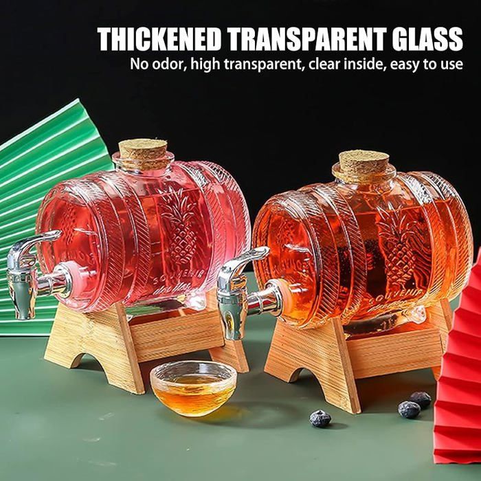 1000ML Whisky Tonneau en Verre Premium: Carafe avec Robinet & Support 1000ML Whisky Tonneau en Verre Premium: Carafe avec Robinet & Support
