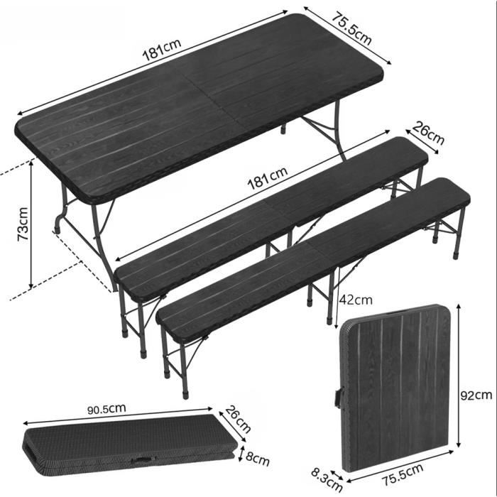 Table pliante d'appoint portable 180 CM et 2 bancs pliables pour