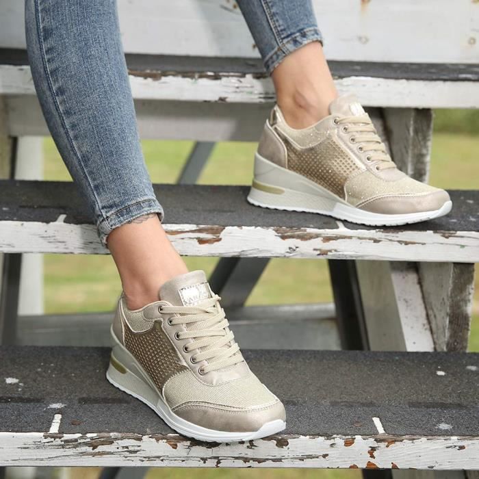 Baskets montantes a talon compense pour femmes Chaussures cachees a lacets Z8HLW Couleur Or Taille 38