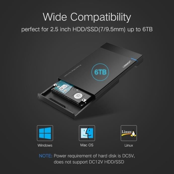 ELUTENG Boîtier SSD Externe USB-C 2.5" SATA III 5Gbps UASP - Compatible 7/9.5mm Jusqu'à 2To - Câbles USB Inclus
