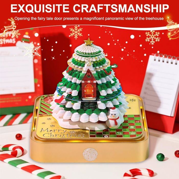 Calendrier De Bureau 2026 Avec Sapin De Noël - Papier Sculpté 3D, Lumières LED Intégrées - Bloc-notes Inclus - Décoration Cadeau Original