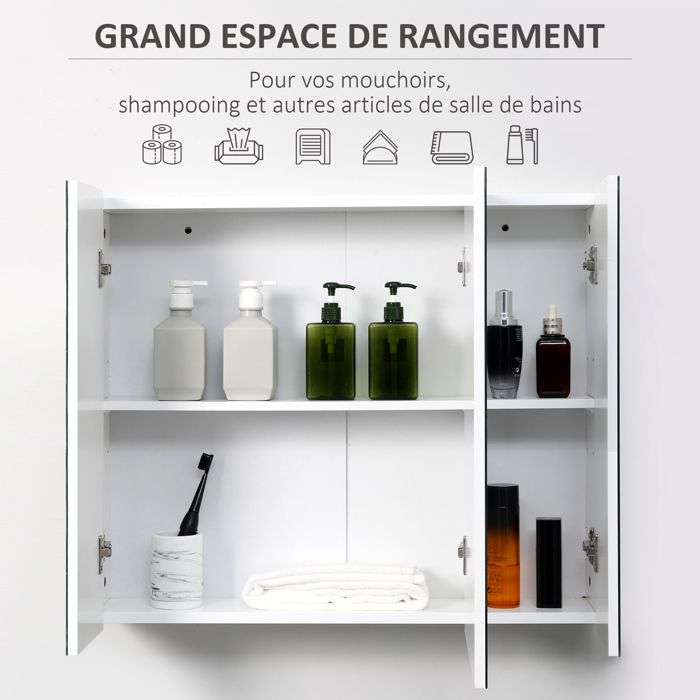 Mojiasion Armoire Murale Salle De Bain Avec Miroir 60x70x16cm 3 Portes - 3 Étagères Réglables Blanc Design Moderne