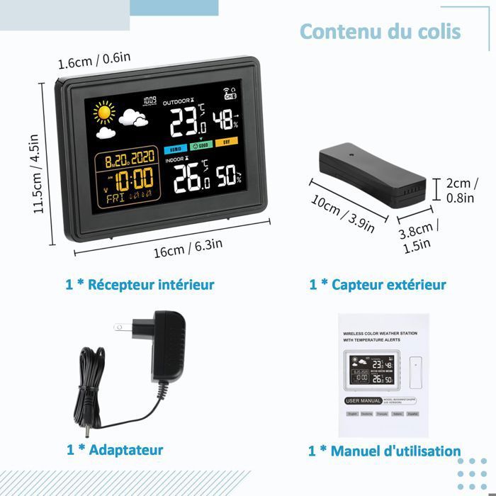 Station Météo Connectée 7.8" - Thermomètre Hygromètre Intérieur/Extérieur | Horloge Atomique | Alerte Température