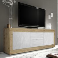 Meuble TV 2 portes 2 tiroirs Chêne naturel/Blanc neige - MATERA - L 210 x l 43 x H 66 cm