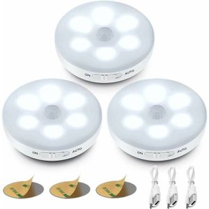 Lot De 4 Veilleuses LED à Détection De Mouvement, Rechargeables Par USB – Blanc Froid