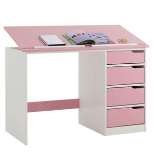 BUREAU  Bureau enfant écolier junior EMMA pupitre inclinable avec 4 tiroirs en pin massif, lasuré blanc et rose