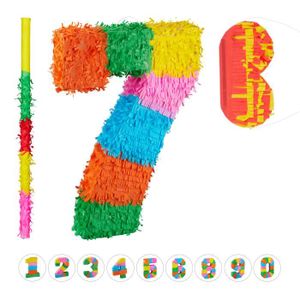 Piñata 3 tlg. Pinata Set Geburtstag, Zahl 7, Pinatastab mit Augenmaske, Kinder & Erwachsene, Piñata zum selbst Befüllen, bunt