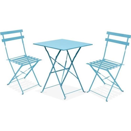 Ensemble table bistrot de jardin et 2 chaises pliantes - Acier - Oviala - Bleu