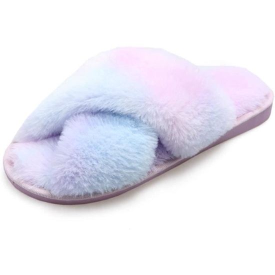 Pantoufles Femme Hiver - Chaussons Fourrure Doux Avec Semelle Mémoire De Forme - Bout Ouvert