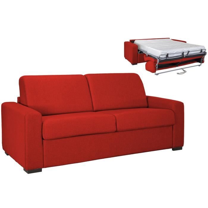 Canapé convertible 3 places LOUNA LUXE en tissu rouge ouverture express matelas 18 cm