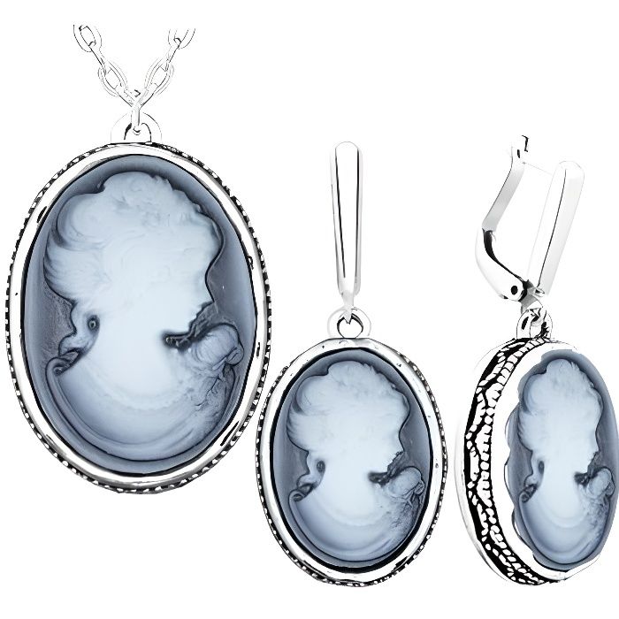 Pendentif Vintage Camée En Verre Bleu - Collier Argenté Ancien - Bijou Femme - Un Peu Patiné