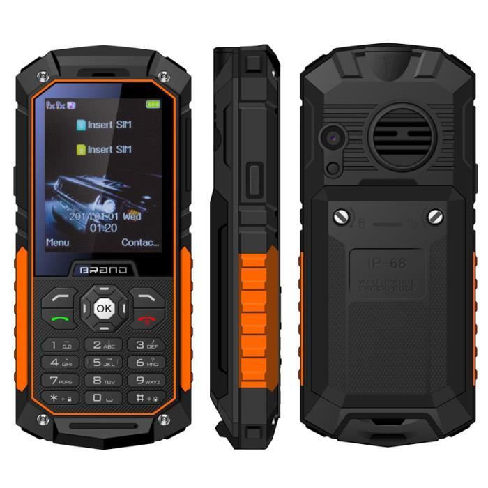 Téléphone Incassable 2.4 Pouces Double SIM Portable Antichoc Chantier Étanche IP68 LED FM TF Orange - Mémoire supplémentaire de - 8