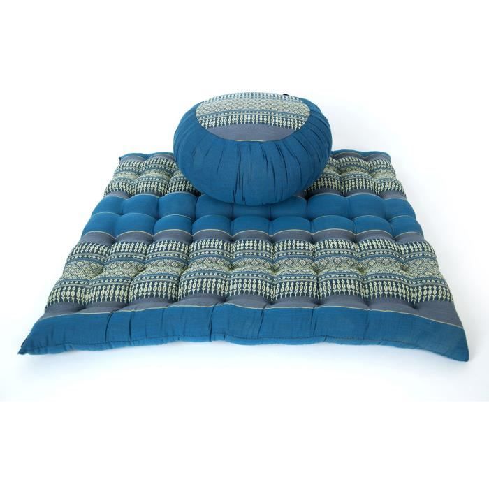 Set de Méditation Coussin Zafu, Tapis Zabuton, 76x72x25 cm, Kapok, Bleu Gris