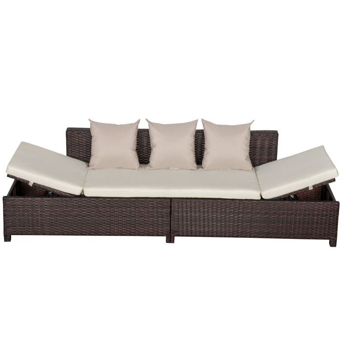 Canapé lit de jardin 3 places inclinable latéralement matelas et coussins inclus résine tressée imitation rotin chocolat