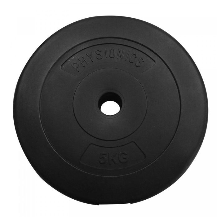 Physionics® Disques de Poids - Set de 2 x 5 kg, Ø 27 mm, avec Revêtement en Plastique - Plaques pour Haltères, Fitness, Musculation