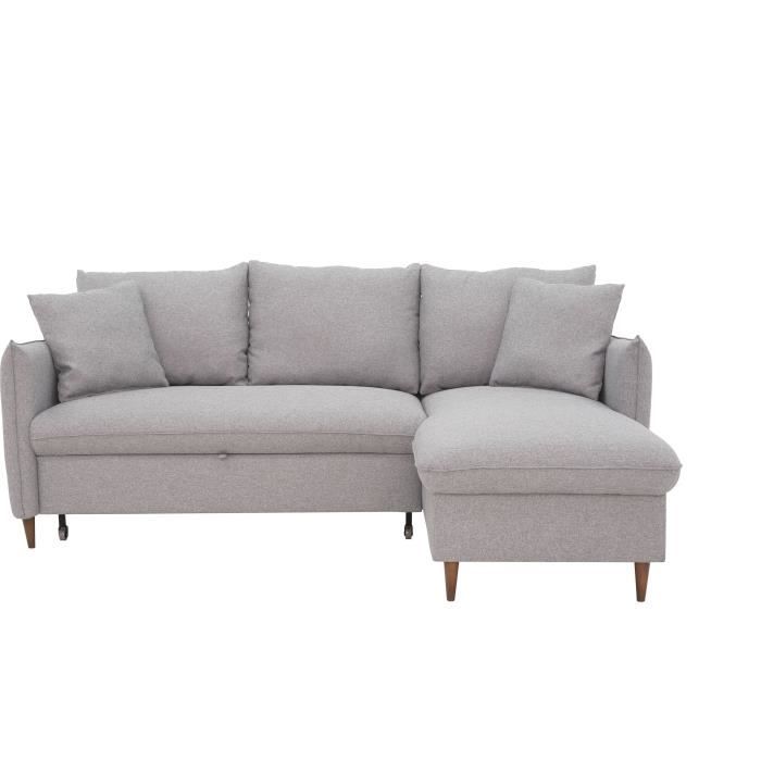 Canapé d'angle convertible réversible 4 places GERAUD - Tissu Gris - Coffre de rangement - L 210 x P