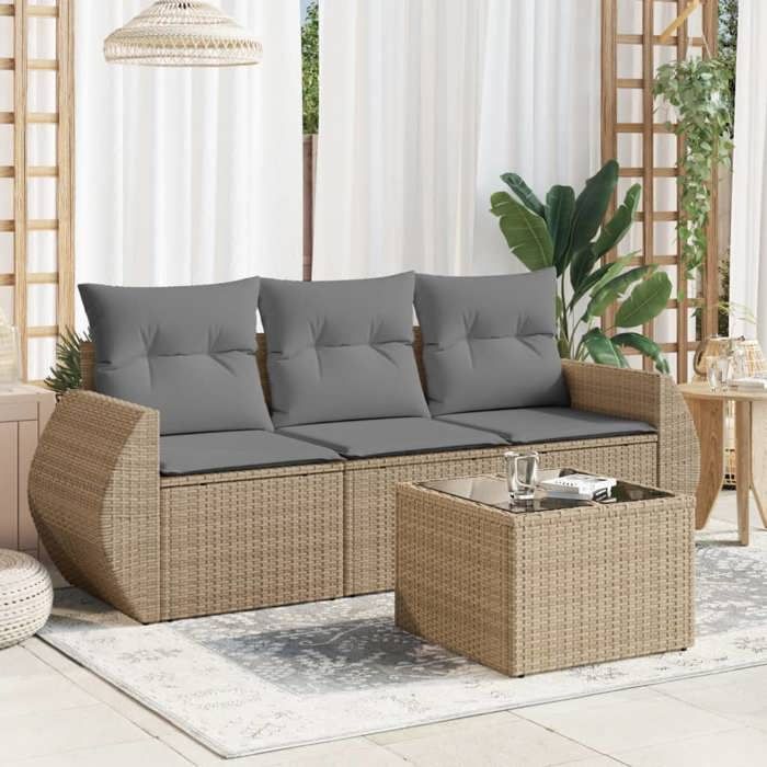 Salon de jardin 4 pcs résine tressée avec coussins