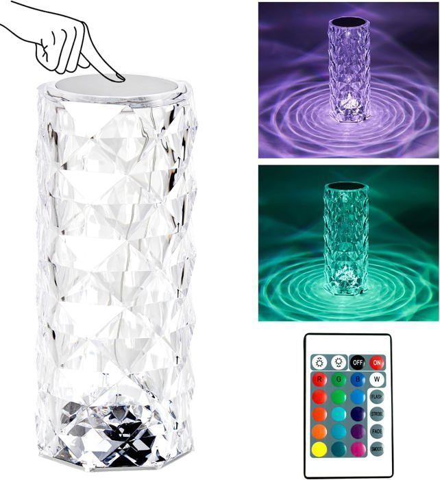 Lampe de table LED en cristal lampe de chevet lampe tactile rose dimmable (avec télécommande)