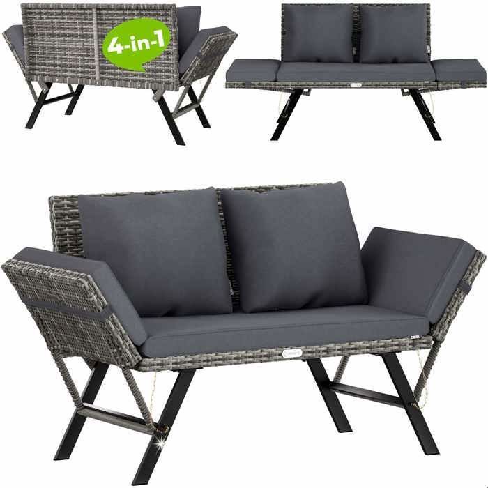 Canapé de Jardin CASARIA® avec Accoudoirs Rabattables Gris Fonction chaise Longue Extérieur - Pour Jardin Terrasse Balcon