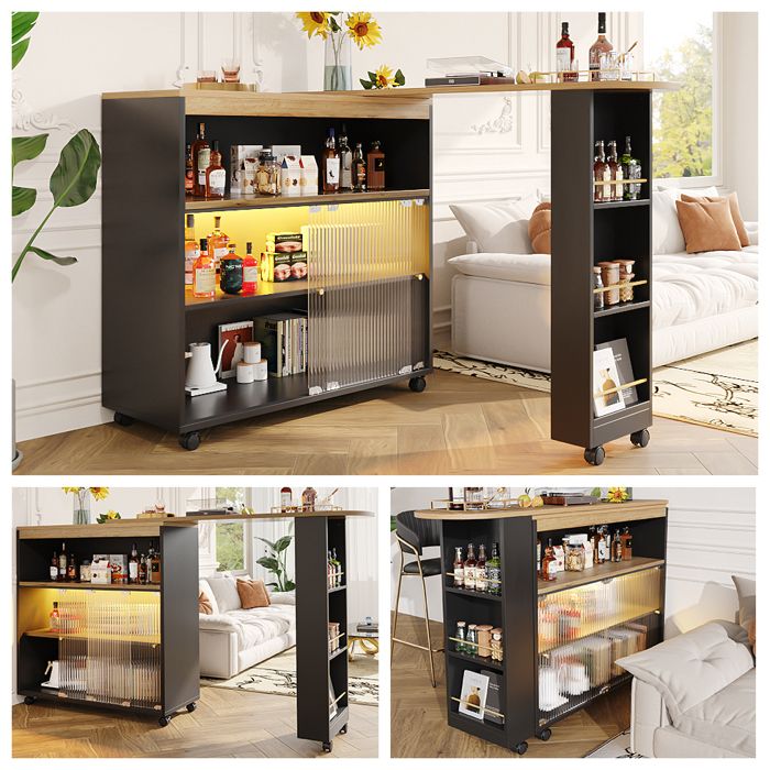 Table De Bar Extensible Avec 4 Portes,1 Tiroir,2 Niches Et Roulettes A 360 Noir