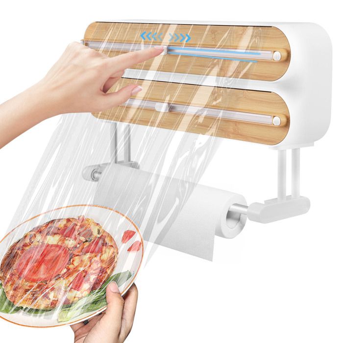 Distributeur De Film Alimentaire Et Aluminium Avec Coupeur Intégré - Support Rouleau Max 30.5 X 4.5 Cm - Blocage Par Ventouses - Blanc