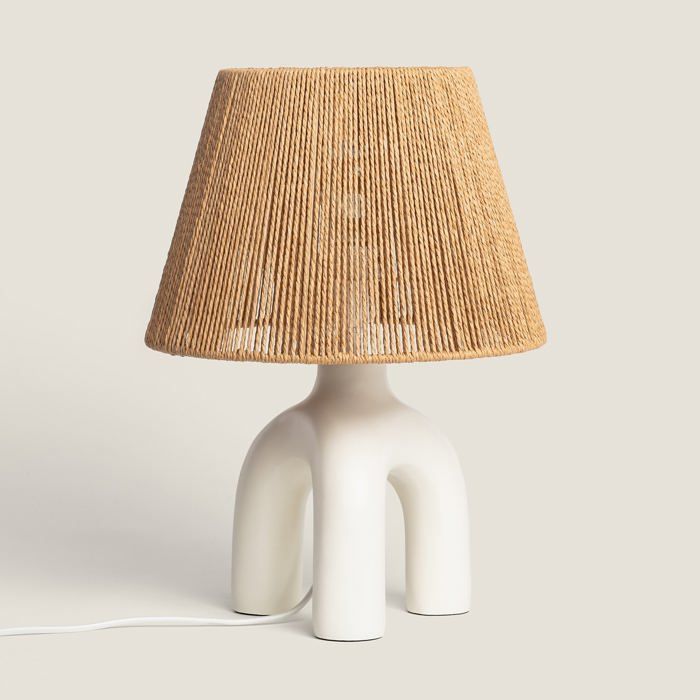 Lampe à Poser Papier Tressé et Résine Otilia Blanc