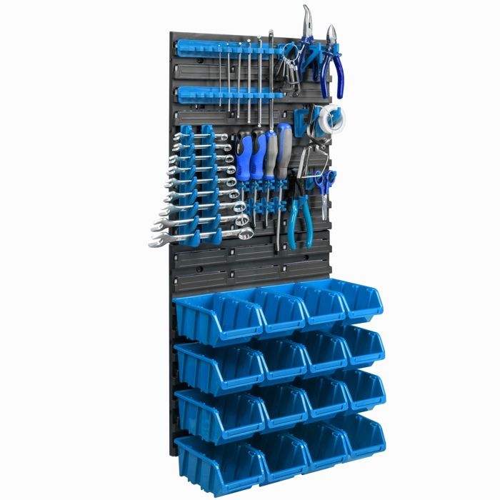 Étagère murale - BOTLE - 39 x 78 cm - 16 boîtes bleues - Porte-outils inclus - Idéale pour atelier