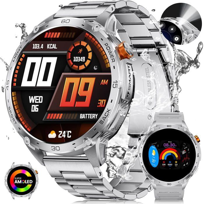 1.75 Grand Écran Amoled Montre Connectée Homme Avec Led Lampe Torche Extérieur Militär Smart Watch Pour Android Ios 100+