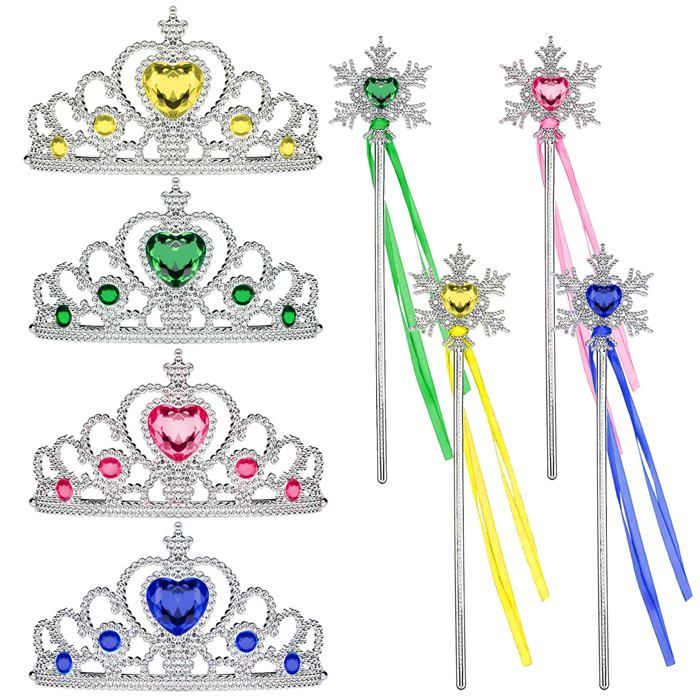 Diadème princesse Enfant - 4 pièces Couronne cristal avec baguette magique accessoire cheveux - Pour 3-12 ans Étiquette