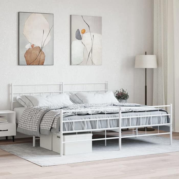 Structure de lit métal - UU - 200x200 cm - Blanc - Acier - Espace de rangement - Tête de lit - Pied de lit