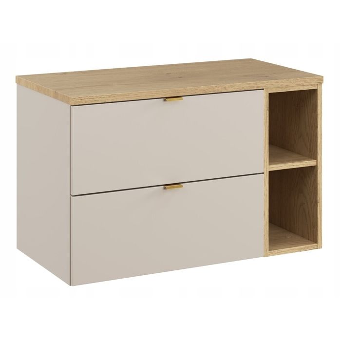 Meuble sous vasque suspendu DALIA cachemire 80 cm avec extension ouverte et plan en chêne Meuble sous vasque suspendu DALIA cachemire 80 cm avec extension ouverte et plan en chêne